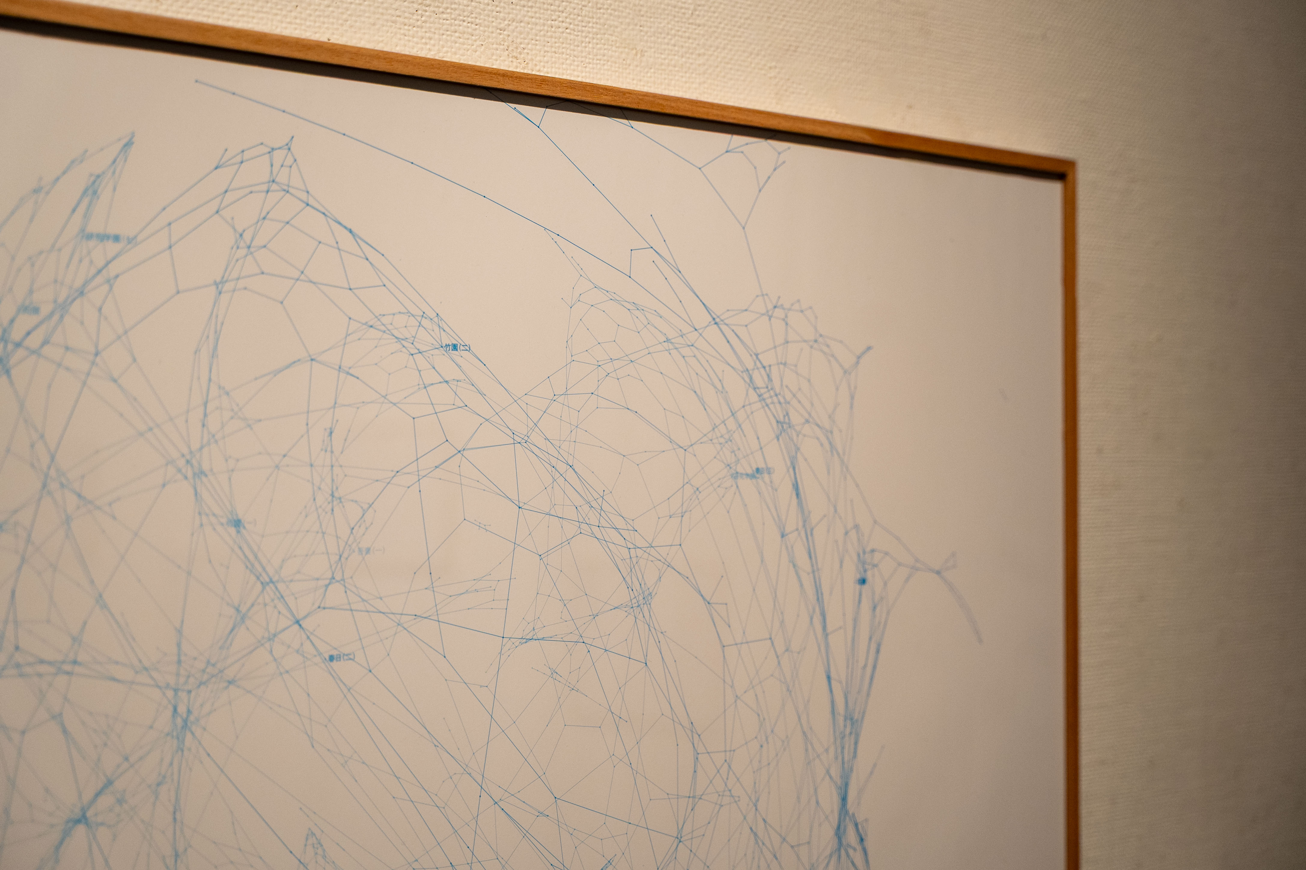 額装された、白い紙に青い線が複雑に絡まるように描かれた図